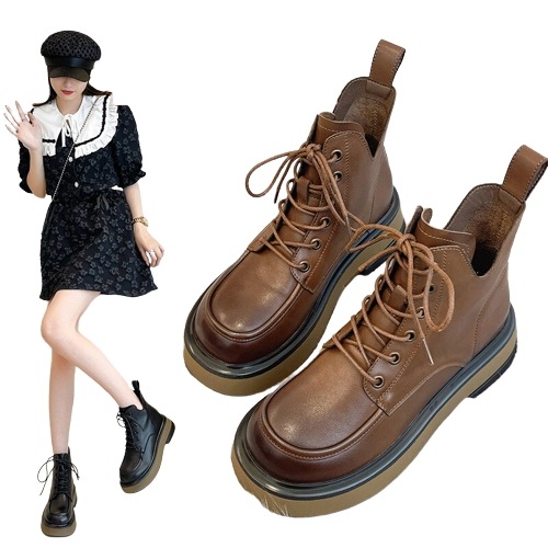 トップコート牛革マーチンブーツレディース秋冬厚底本革ショートブーツブラック百合ブーツ