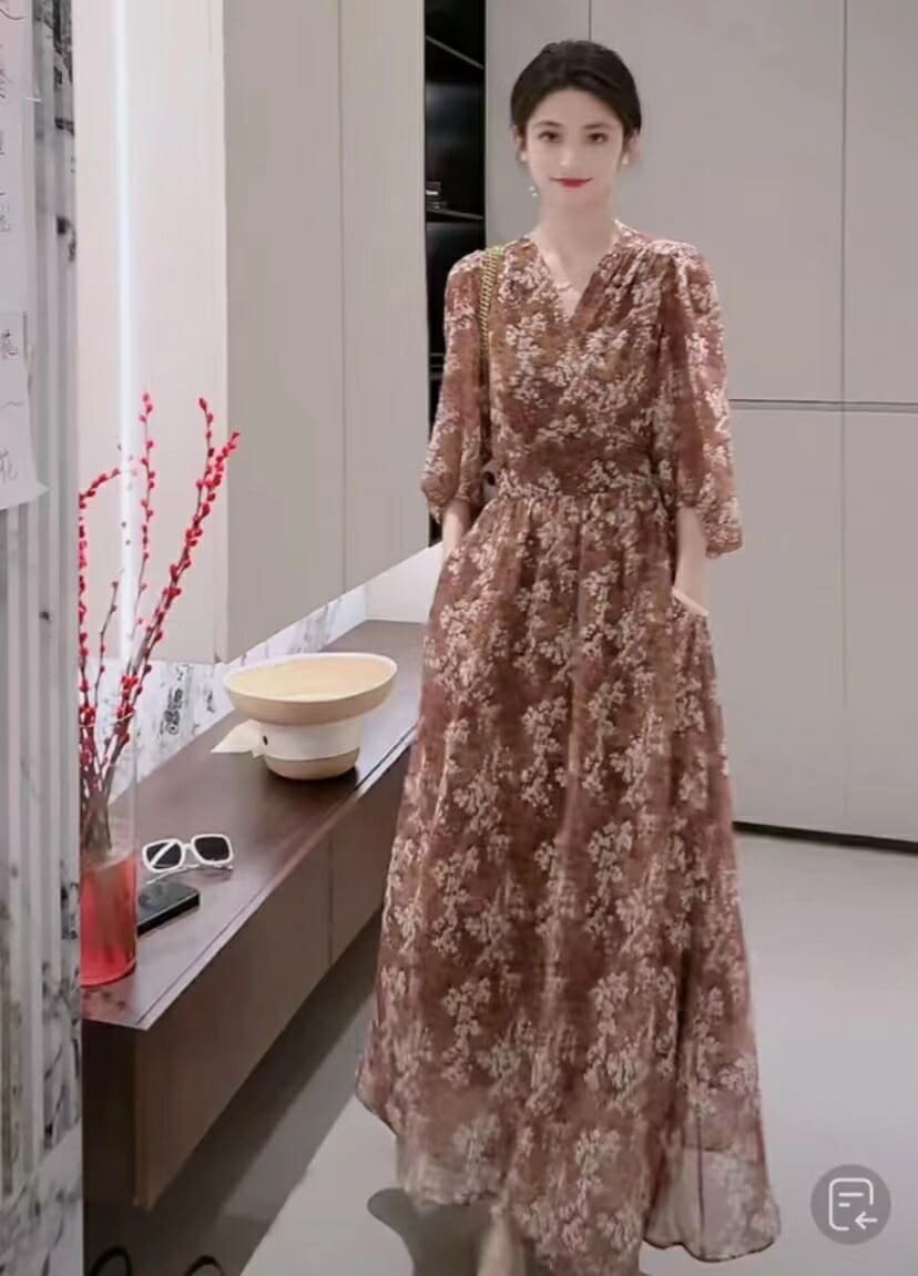 全店任意2枚購入で100円OFFロングワンピース 花柄 ワンピース シフォン リゾートワンピース レディース Vネック フレアワンピース 七分袖 かわいい 薄手 涼しい サマードレス リゾート フェス