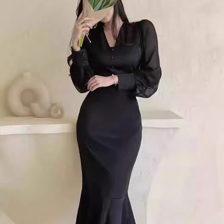 韓国デザイン春物新作Vネック着痩せパフスリーブ ワンピース