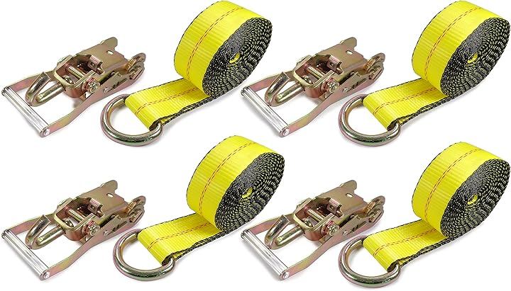 ラッソーストラップ ラチェットタイダウンシステム ロング ワイド ハンドル 1.6トン 4組セット (イエロー, ストラップベルト　長さ：3500mm　幅：50mm(2インチ))