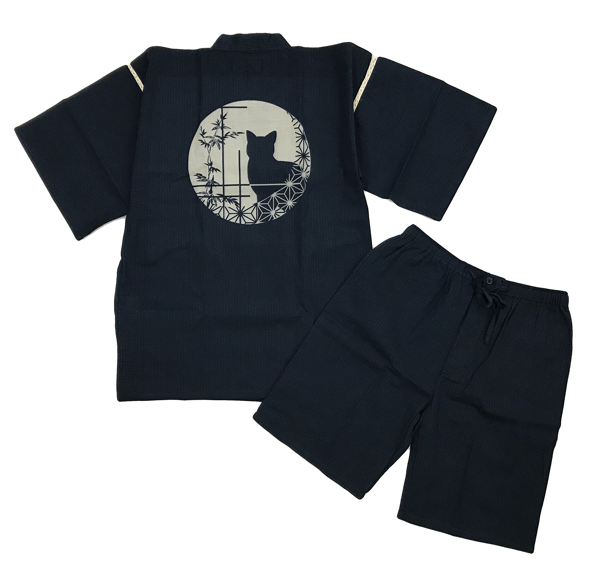 [江戸てん] 甚平 しじら織り 涼しい 夏 綿100％ 抜染猫柄 オリジナル柄 メンズ 丸窓の猫 紺 3L