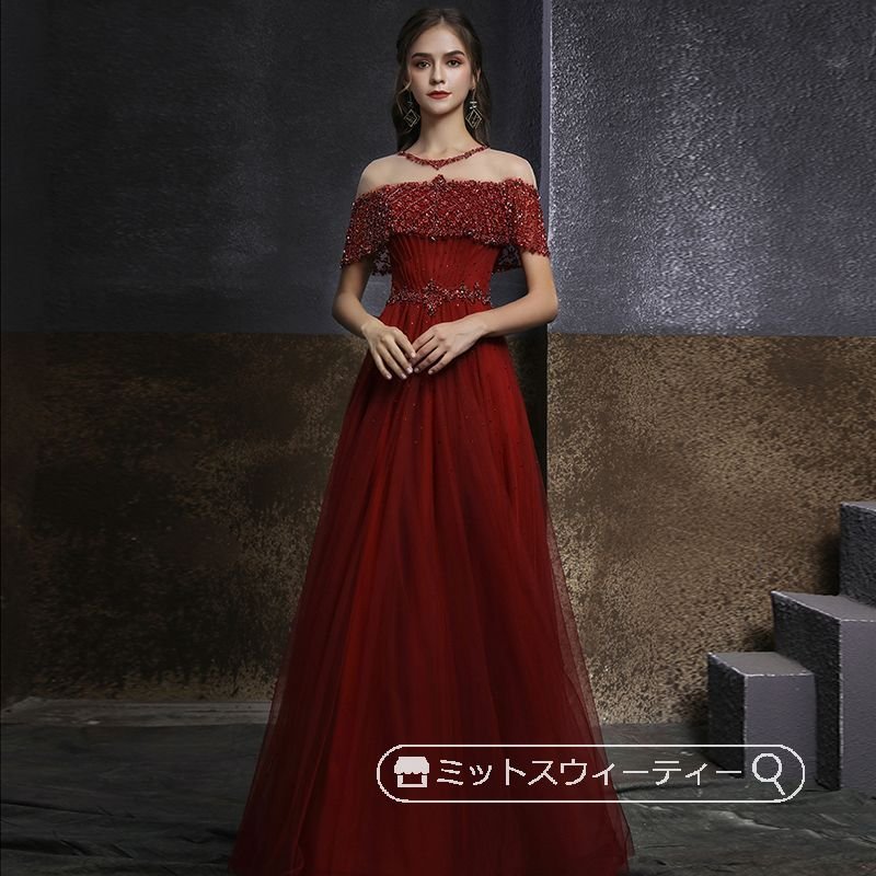 カラードレス レッド グレー 花嫁 二次会 結婚式 ビーズ パーティードレス 演奏会 発表会 ウエデ 21,489円
