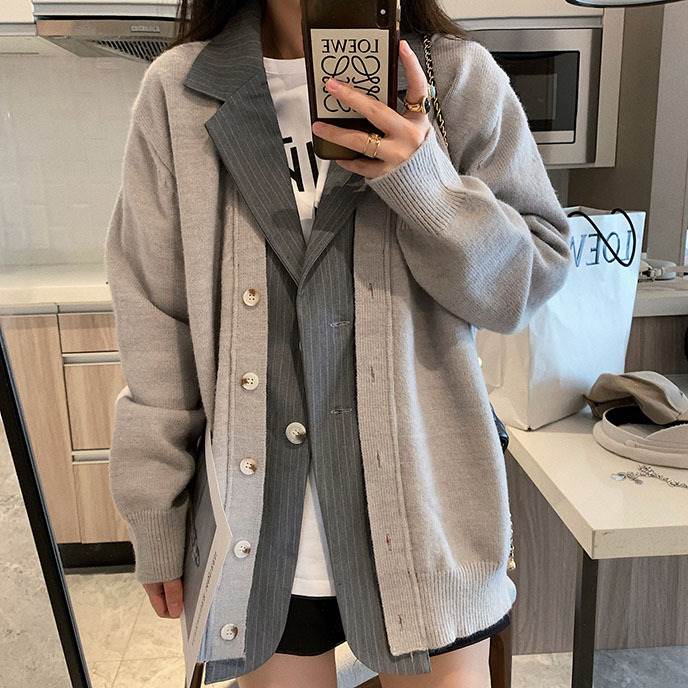 トップス カーディガン レディース フェイクレイヤード 個性的 ツーピース風 ワンサイズ カーキ グレー 無地 ストライプ 襟付き テーラードカラー ボタン 春 秋 冬 長袖 ミドル丈 ショート丈 ル