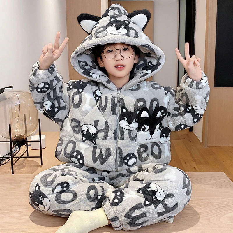 通学 男の子パジャマ子供秋冬珊瑚絨毯連帽三層綿挟み男の子青少年大童部屋着冬 保育園 小学部