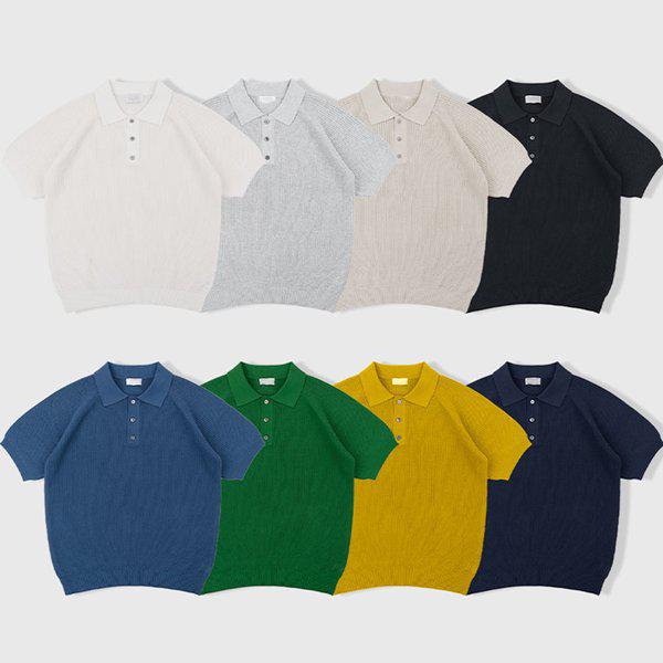 男性 ピーナッツ カラーネック スカシ 半袖 ニットTシャツ AT-KNH-Q013-ブラック