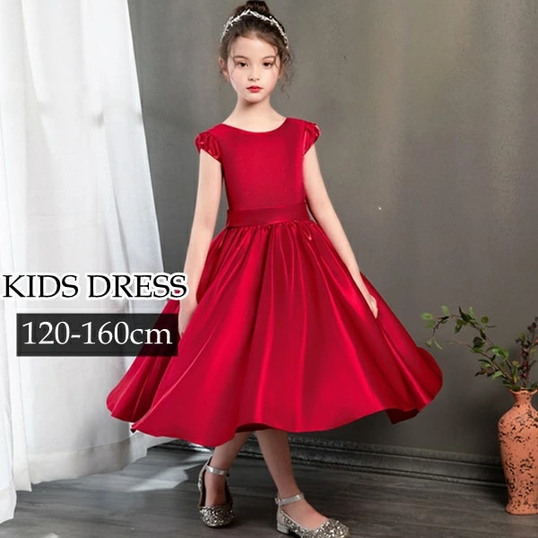 髪飾りプレゼント中ピアノ発表会 ドレス 中学生 ワンピース ジュニアドレス 七五三 子供ドレス キッズドレス フラワーガール ラウンドネック ロングドレス ちょこっと袖 プリンセスドレス 結婚式 ドレ