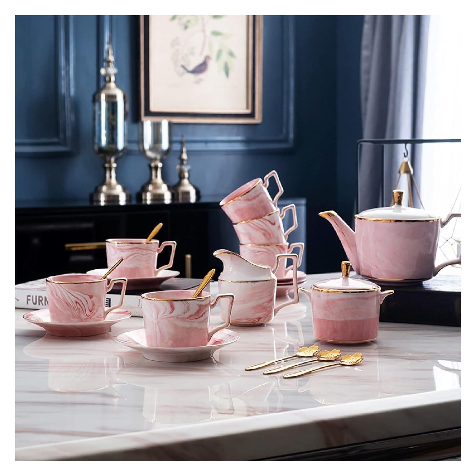 大人用磁器ティーセット 21点 大理石柄 コーヒーカップとソーサーセット 大人用ティーサービス シュガーボウルミルクピッチャースプーンティーカップとソーサー付き (グレー) (ピンク)