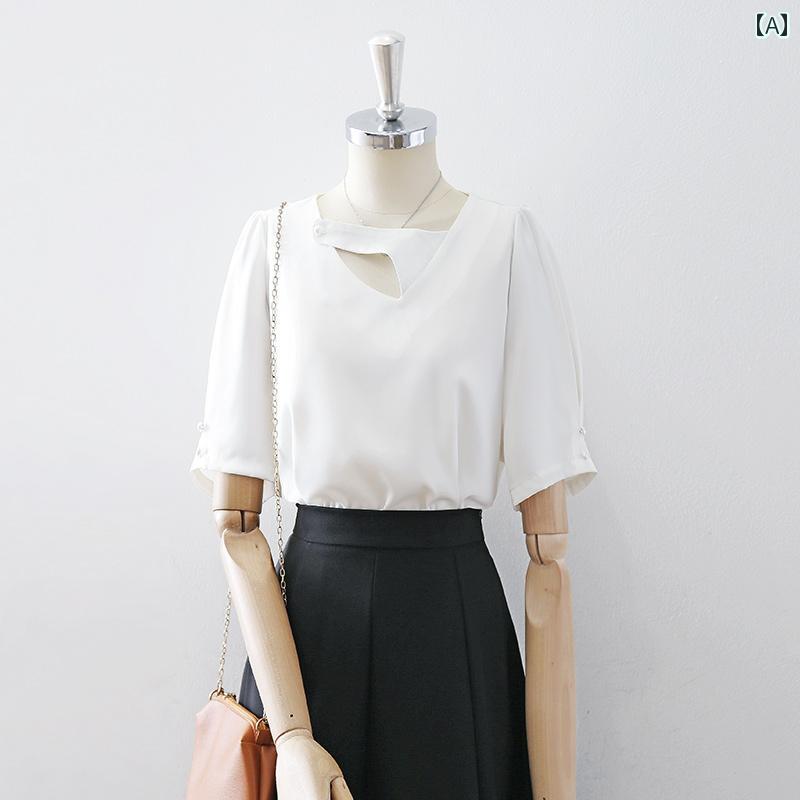レディース シャツ デザインブラウス 半袖 五分袖 夏 白 Vネック スィートデザイン ユニーク 優雅 シンプル フェミニン フレッシュトップス 上品 シック 軽量 ミニマル オフィス デート