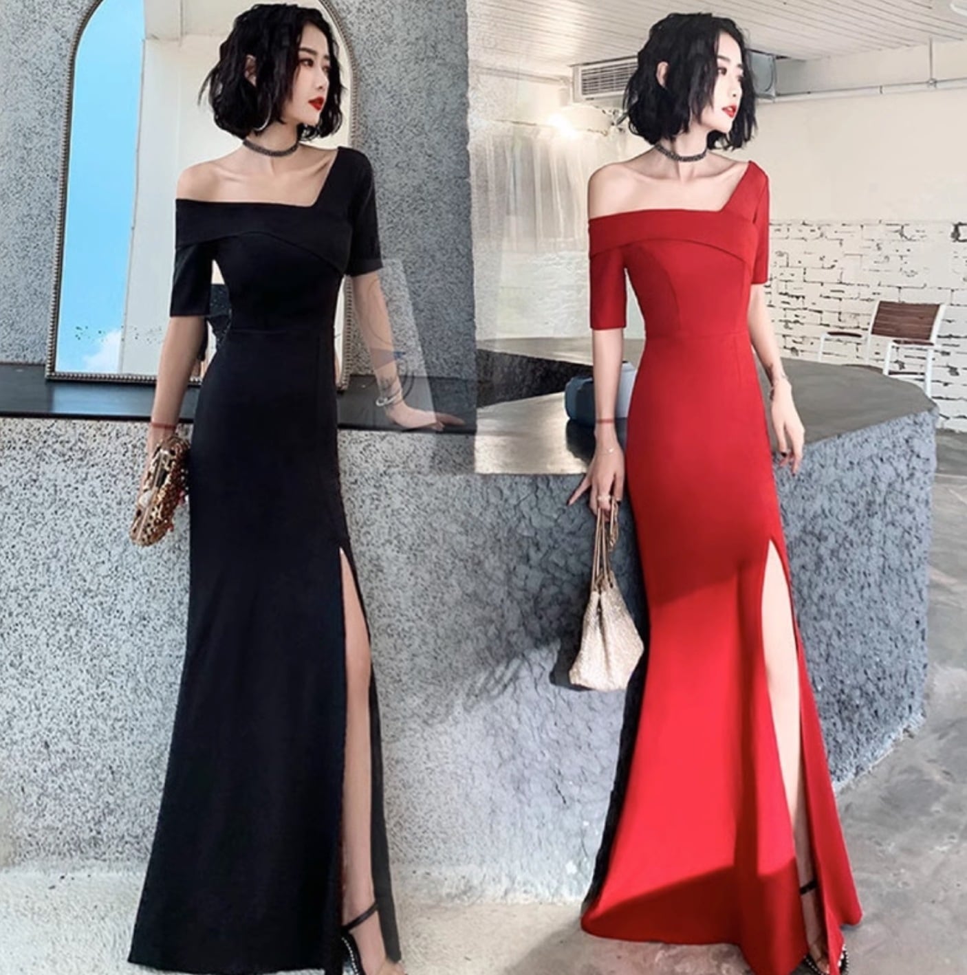 ドレス パーティー 二次会 演奏会 発表会 ステージ 舞台 キャバ 衣装 コスプレ コスチューム 謝恩会 ラウンジ クラブ マキシ 5分袖 ワンショル タイト スリム 細身 スリット 可愛い きれいめ