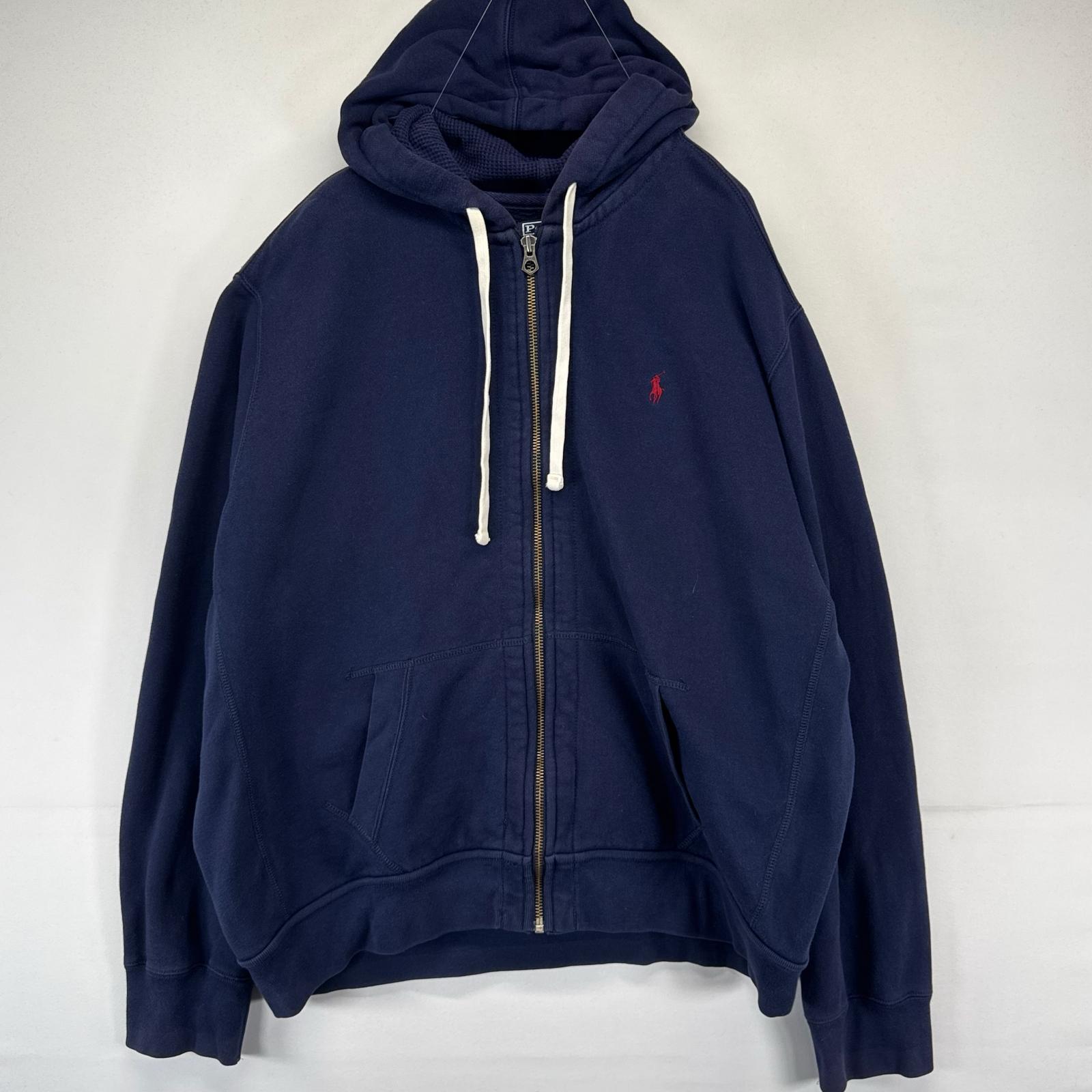 古着 ポロバイラルフローレン Polo by Ralph Lauren パーカー フルジップ フーディー スウェット ワンポイント 2XL ネイビー系 メンズ