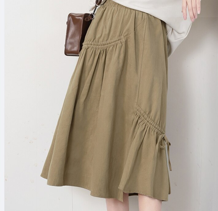 スカート レディース フレア 膝下 ミモレ ワイド フリル リボン ウエストゴム かわいい カジュアル 個性的 無地 秋 冬 学生 通学 デート オルチャン ベージュ カーキ ブラック ボトムス