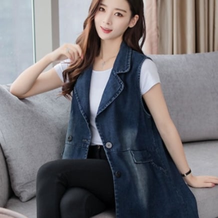 デニム ジーンズ ロング丈 ベスト ジャケット ブルー 青 トップス 袖なし ノースリーブ Vネック