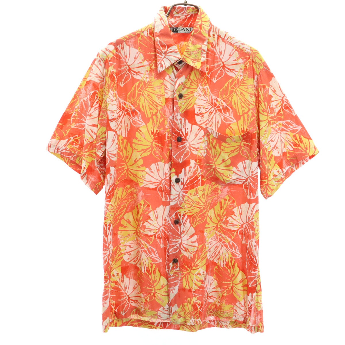 IOLANI イオラニ 90s オールド リーフ柄 半袖 アロハシャツ S オレンジ系 メンズ 古着