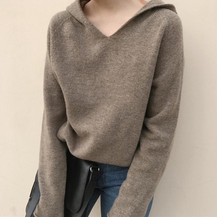 トップス ニットソー セーター 長袖 Vネック フード付き ニット かわいい 大人可愛い きれいめ 5,003円