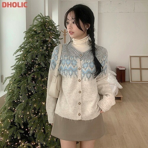 ラウンド配色ノルディックニットカーディガン