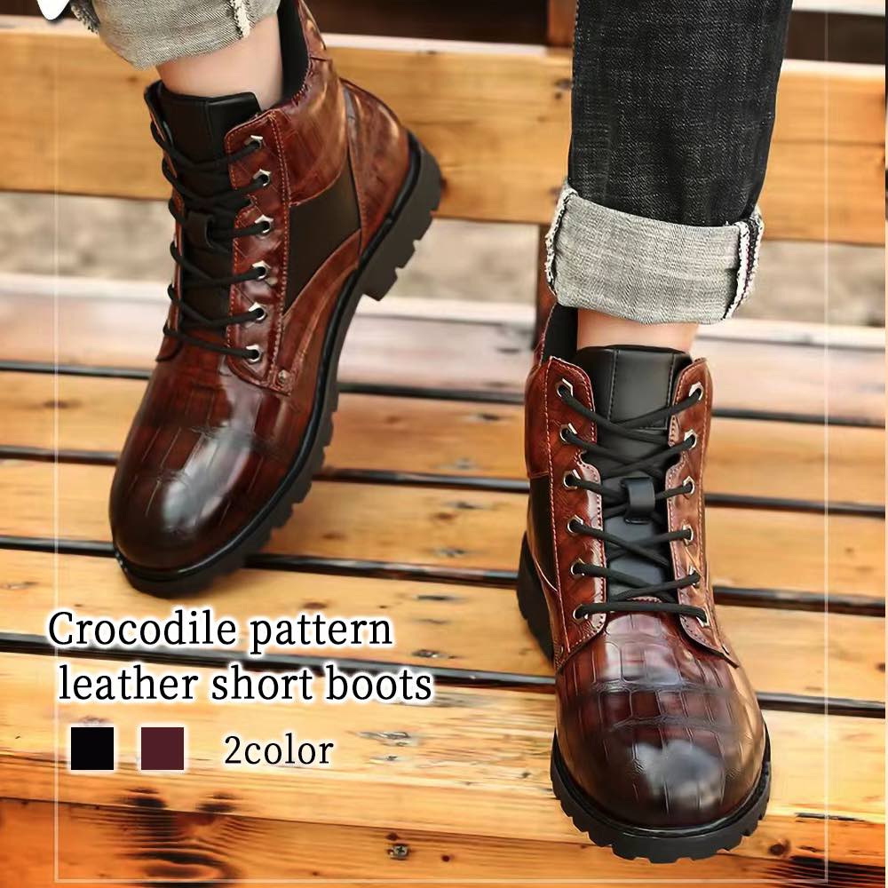 ブーツ メンズ ワニ柄レザーショートブーツ 防水 軽い 洗える ジッパー ブーツサイドジップ 革 靴 黒 冬 シューズ ファスナー 暖かい ブランド レザー スエード 秋 夏 セット モード 防寒 ハ