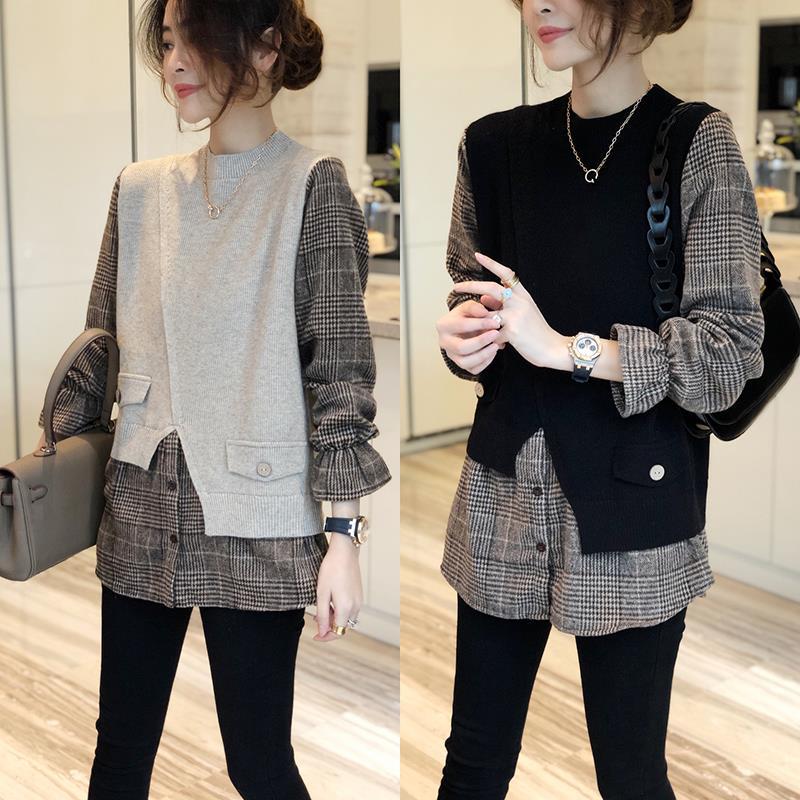 【韓国の人気爆発】 チェック柄配色長袖フェミニンシンプルファッション切り替えギャザーラウンドネックセーター 4,802円