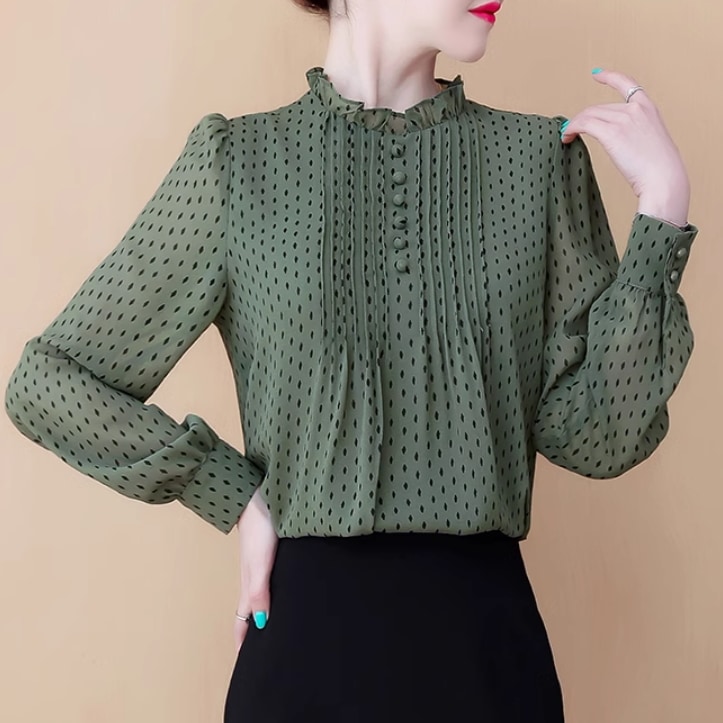 レディース トップス シャツ ブラウス シフォンシャツ 長袖 スタンドカラー フェミニン シフォン フリル ボタン 薄手 かわいい 大人可愛い きれいめ シンプル カジュアル 上品 おしゃれ レトロ