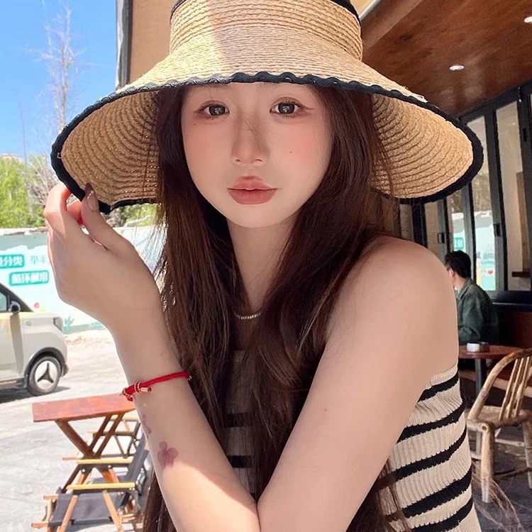 【急速出荷】姜妍草編み空頂日焼け止め帽子女海辺リゾートサンバイザー大庇折り畳み可能サンバイザー