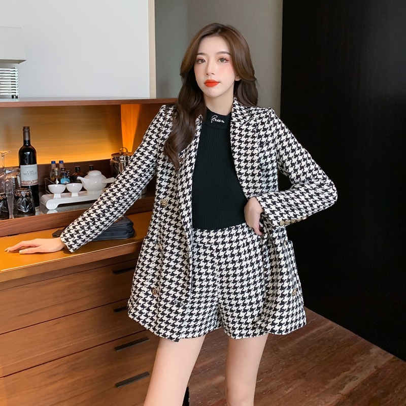 【セットアップ】千鳥格子 ジャケット＋ショートパンツ ツーピース スーツ お仕事コーデ 韓国