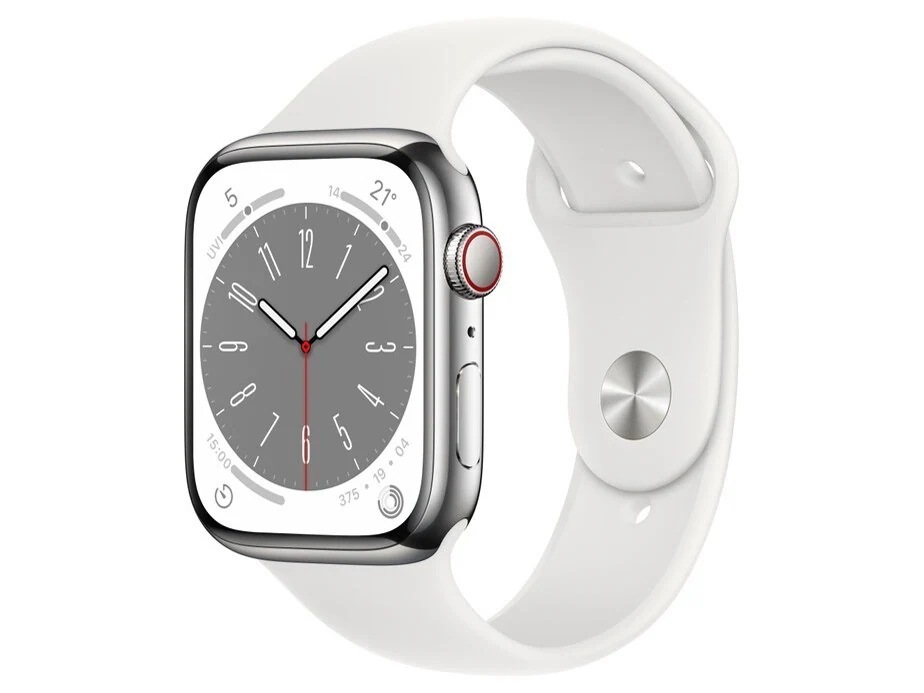 Apple Watch Series 8 GPS+Cellularモデル 45mm MNKE3J/A [シルバーステンレススチールケース/ホワイトスポーツバンド]