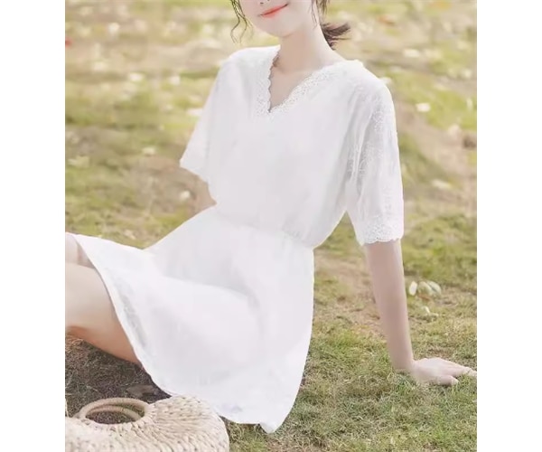 レディース ワンピース プルオーバー ミニ ショート 半袖 Vネック Aライン フェミニン レース ウエストマーク ハイウエスト 異国風 かわいい きれいめ シンプル カジュアル 上品 おしゃれ
