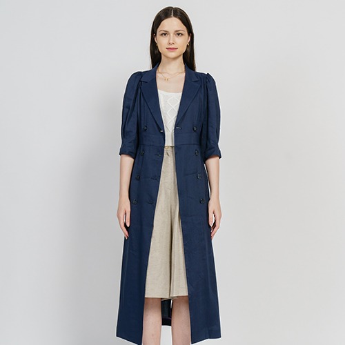 Linen Blended Double-Breasted Summer Midi Coat-Dress_NAVY