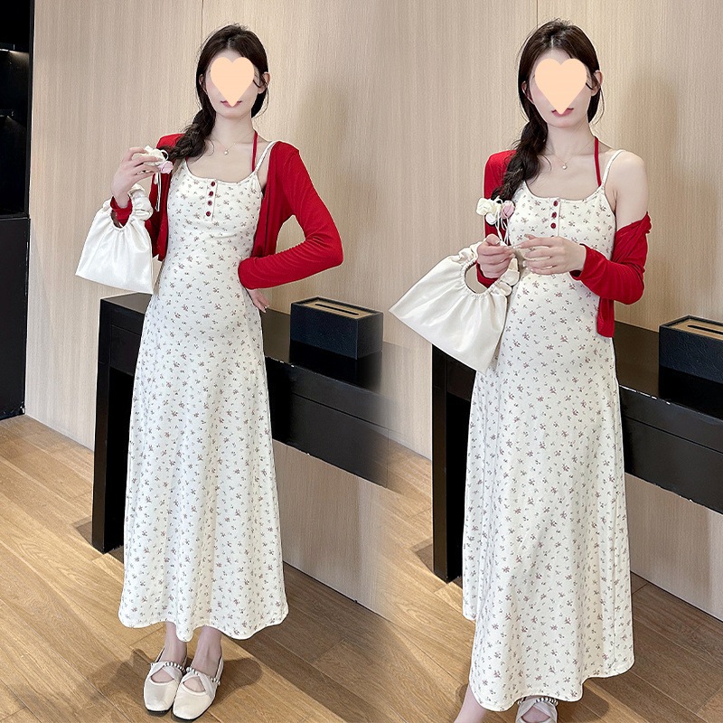 妊娠中の女性の夏の夏夏のフレンチスウィートアンドレイジースタイルの休暇ルースロングスカート2ピースセットフローラルサスペンダースカートルーズ