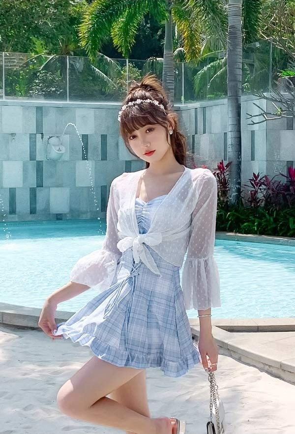 水着ラッシュガード水着セットレディース かわいい 旅行 ジ 大人 チェック柄 写真映え ワンピース水着 サマー プール 海 リボン 温泉 水着 リゾート 夏 撮影用 女性用 ワイヤーなし パッド付 6,633円