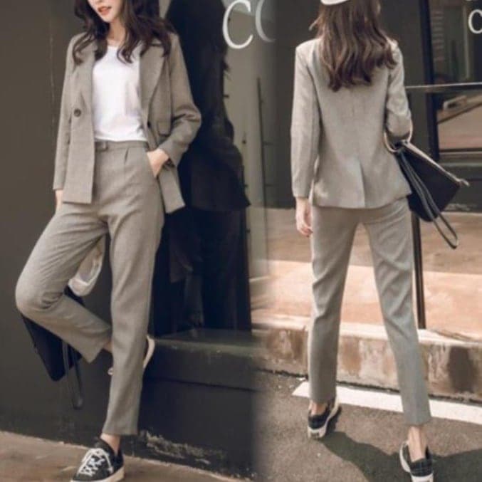 セットアップ スーツ パンツ ボトムス ジャケット ダブルブレスト メランジ 長袖 ロング アンクル丈 ウエストゴム ワンタック ハイウエスト クロップパンツ ストレート 襟付き Vネック lsu00