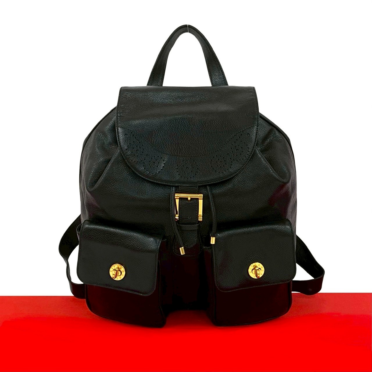 ロゴ 金具 パンチングリュックサック レザー ブラック 27667