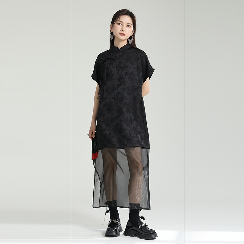 【J.Fashion】 民族風 チュール ドッキング ロングブラウス 半袖 シャツワンピース 体型カバー チュニック 中華風 チャイナドレス 日焼け止め 透明裾 ラッシュカード 水陸両用 メガ割