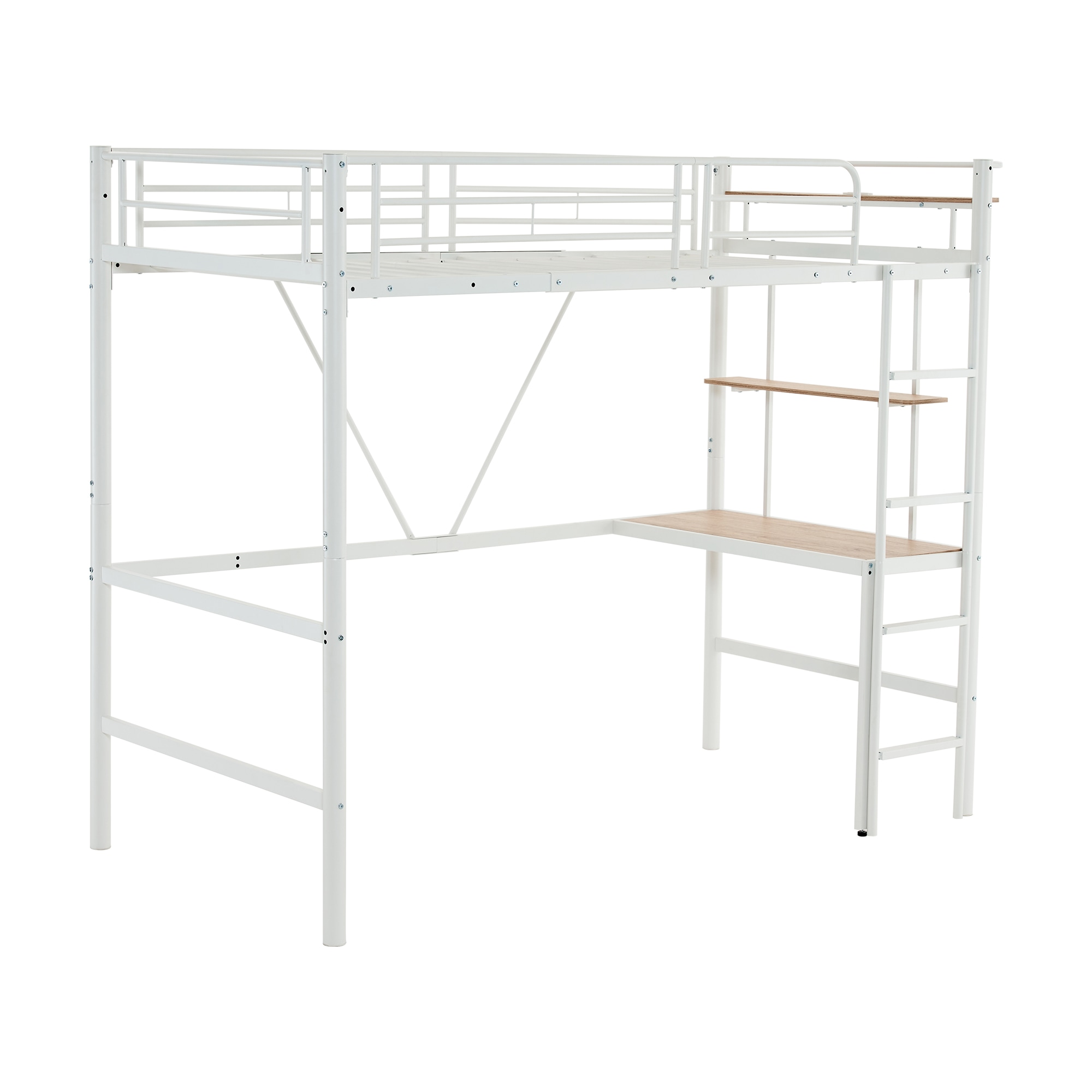 270ロフトベッド 机付き パイプベッド シングル 木 デスク付き コンセント付き 耐荷重150kg 高さ170cm 収納棚 ロフトベッド ハイタイプ はしご付き 北欧風 子供部屋 送料無料 スチール