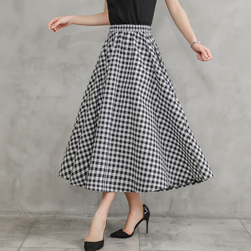3172.ロング丈　ギンガムチェックスカート（ブラック）2019 春夏 カジュアル お出かけ 普段使い 通勤通学