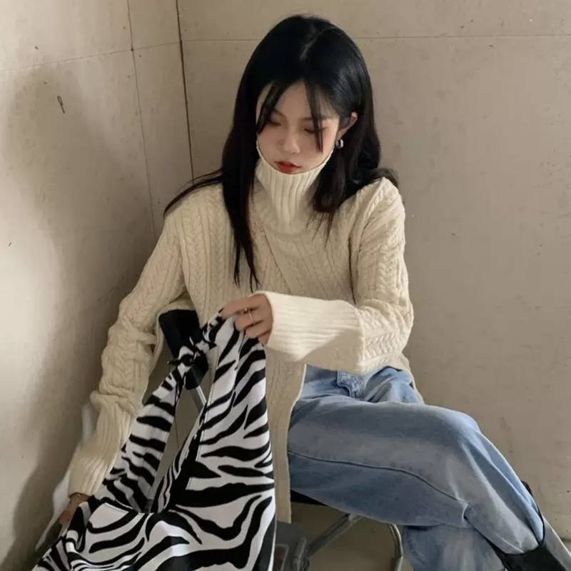2色 ニット ニットセーター スリット ハイネック ケーブル編み タートルネック 長袖 アシメ かわいい きれいめ 大人女子 エレガント 無地 春 秋 冬 ガーリー 10代 20代 大人 学生 韓国系