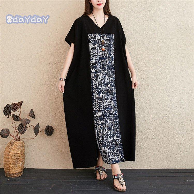 ロングワンピース ワンピース マキシワンピース レディース チュニック 柄 半袖 Vネック プリント ロング 綿麻 リネン マキシ丈 ミモレ丈 着痩せ 夏