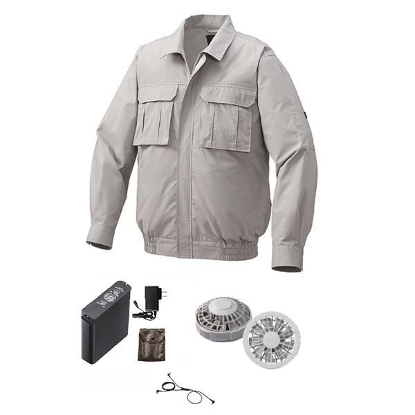 綿薄手脇下マチ付 空調服 [ファン色：GY SI 5L] リチウムバッテリーセット