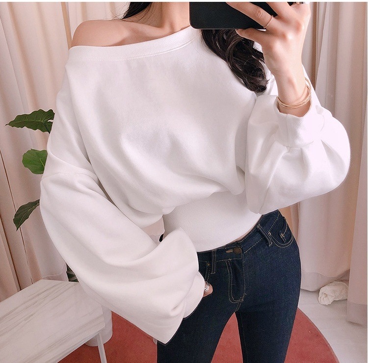 レディース トップス トレーナー ショート丈 長袖 ボリューム袖 ワンショルダー 細身 ウエストゴム