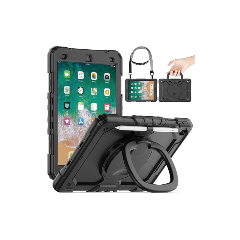 Timecity iPad 第6世代/ 第5世代/ Air2 ケース 耐衝撃 iPad 9.7 インチ ケース 360度回転スタンド 保護シール内蔵 ペン収納 ショルダーストラップ付き 頑丈 傷防止