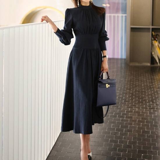 パーティードレス ワンピースドレス きれいめ ワンピース ワンピース 女子会 食事会 スタンドカラー ランタンスリーブ ミモレ丈 ネイビー20代 30代 40代 大きいサイズ 新作