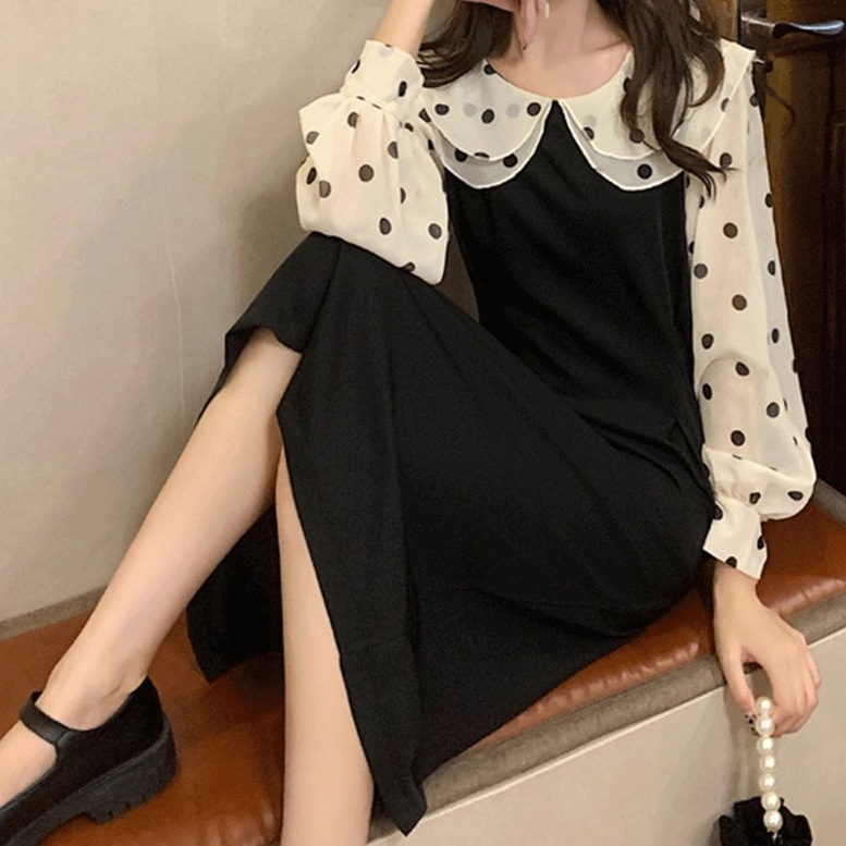 ワンピース レディース ドッキングワンピース ミディアム丈 ラウンドネック 長袖 シアー袖 ドット柄 ブラウス 異素材 ドッキング ドレス ティアードカラー ドッキング ワンピース 長袖 シースルー