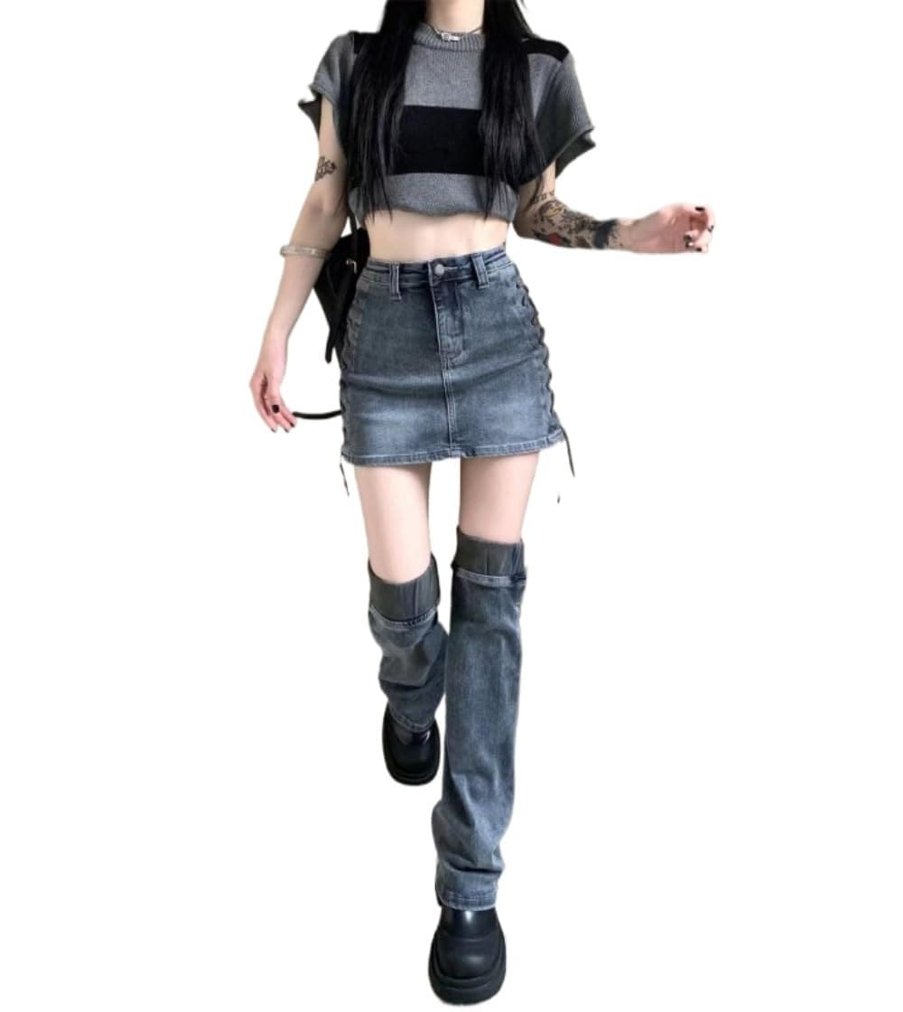 ゾシーフェックス ダンス衣装 高校生 デニムスカート おしゃれ ミニスカート レッグウォーマー レディース セクシー k-pop 衣装 ジンズ グレー 着瘦せる 可愛い きれいめ ダンス 韓国 アイド
