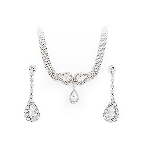 ブライダルチョーカーネックレスセット 真鍮 ロジウムメッキ仕上げクリスタルラインストーン