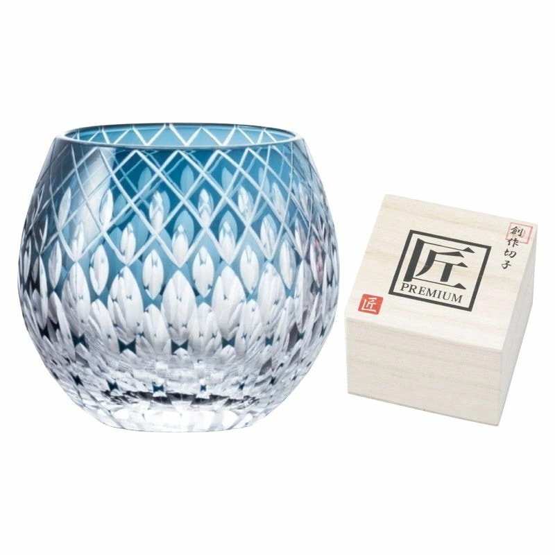 創作切子 グラス 匠 Premium 玉響 ロック360ml（木箱入） 正倉院ブルー