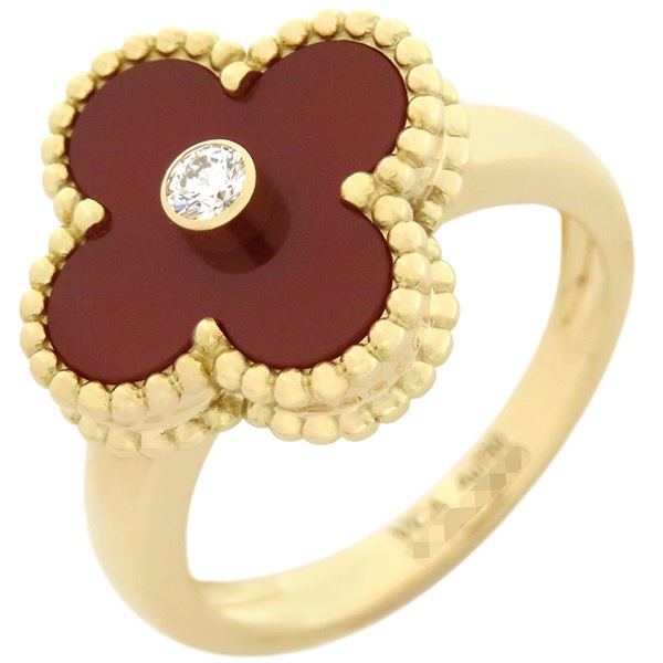 ヴァンクリーフアーペル Van Cleef & Arpels リング 指輪 ヴィンテージ アルハンブラ K18YG ダイヤモンド カーネリアン レッドXイエローゴールド #51(JP11) 11号 V