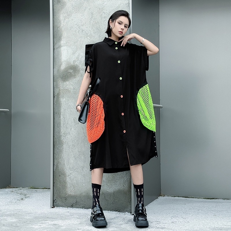 日系ダークな風切り替えコントラストカラー半袖ワンピース 夏 ゆったり体型カバー シャツワンピース 着痩せ個性 ロングワンピース