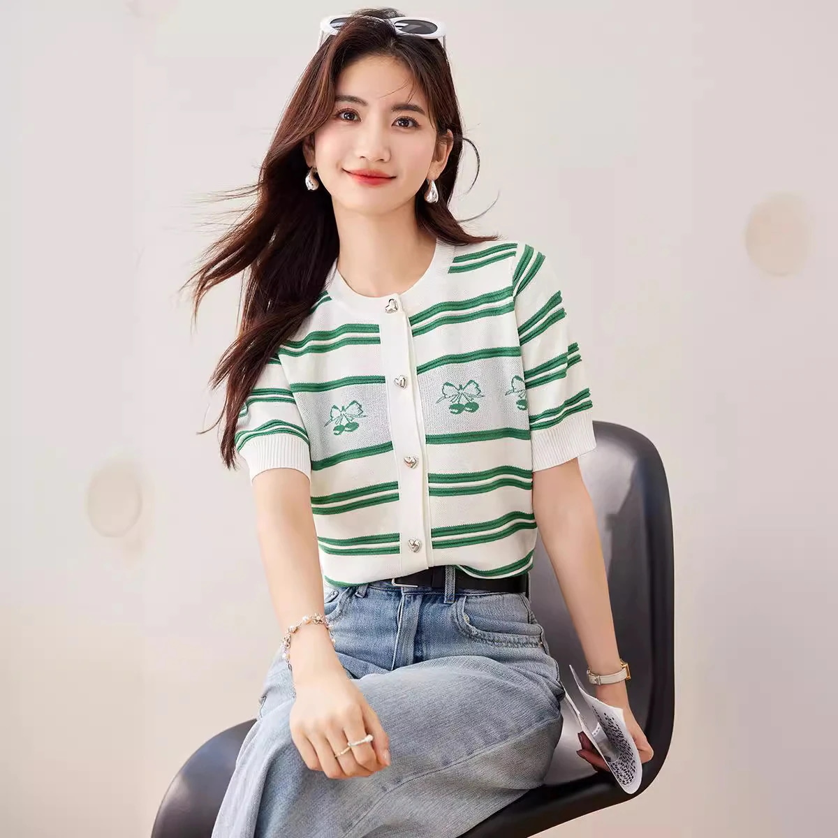 夏レディース服フレンチデザインラウンドネックストライプ氷糸ニットカーディガンTシャツカットソー