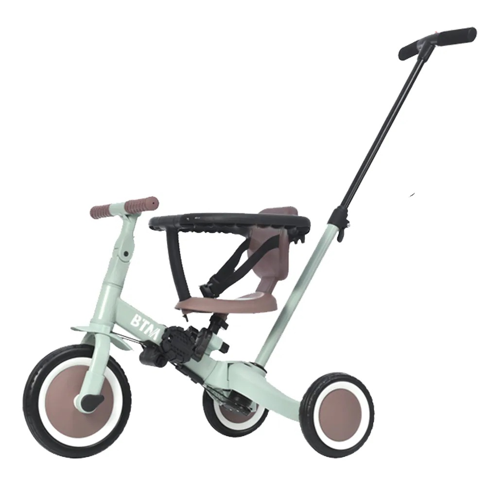 1339子供用三輪車 4in1 (ミント×ブラウン) 自転車 オリジナル 押し棒付き 安全バー付き キックボード