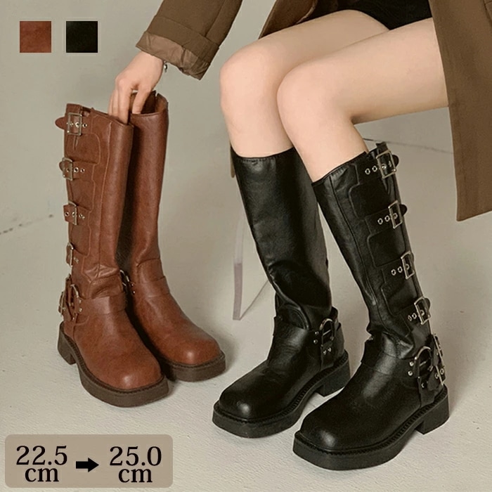 【赤字販売*速達】ショートブーツ ロングブーツ スクエアトゥ レディース 厚底ブーツ 4cmヒール ミドル丈 英国ブーツ PU 無地 太ヒール パンク ローヒール チャンキーヒール ブラウン 黒 スム 7,502円