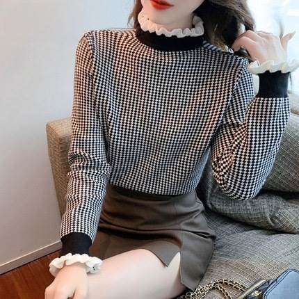 クーポン有ニット セーター チェック柄 トップス インナー レディース 秋 冬 普通丈トップス 長袖 フリル袖 ボトルネック 襟付き フリルカラー フリル 伸縮性 カラバリあり ブラック 黒 ブラウン